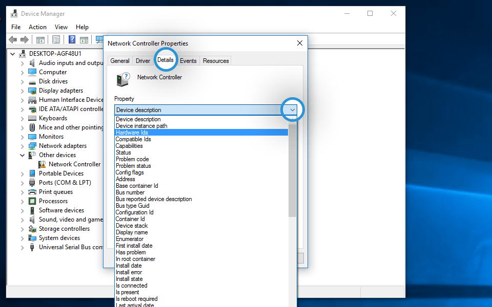 select the details tab and then chose hardware ids under the property dropdown